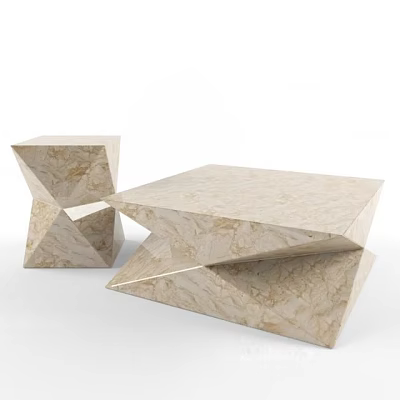 Geometric Marble Coffee Table Set With Abstract Shape And Modern Light Beige Design 3d model