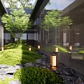 Courtyard Garden With Lush Greenery Tree Stones And Garden Lanterns Near Glass Walls