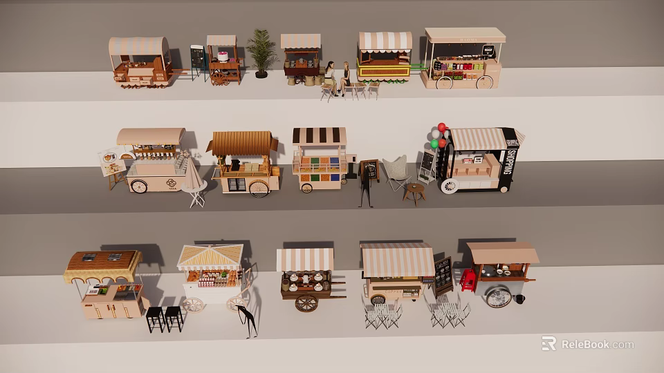 Various Street Food Carts With Awnings Tables And Different Design Styles 3d model 