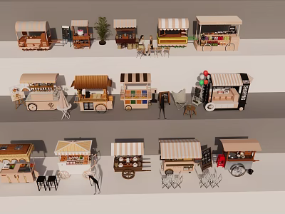 Various Street Food Carts With Awnings Tables And Different Design Styles 3d model
