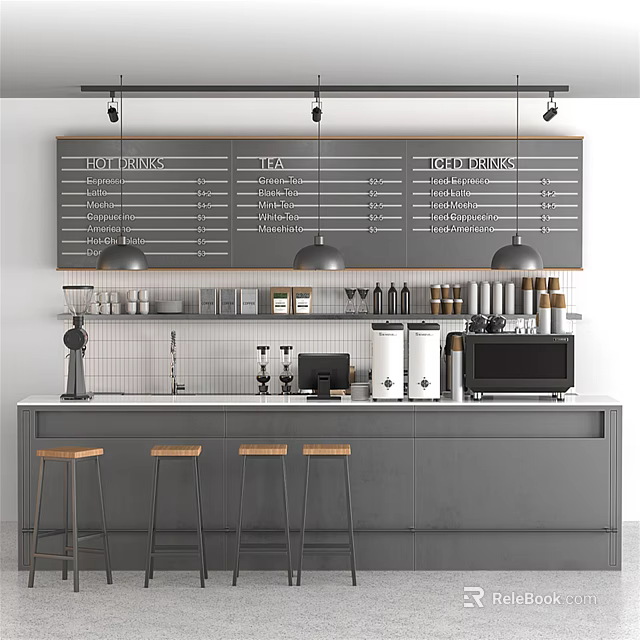 Modern Bar Counter Interior With Hanging Menu Board Coffee Machine And Wooden Stools 3d model 