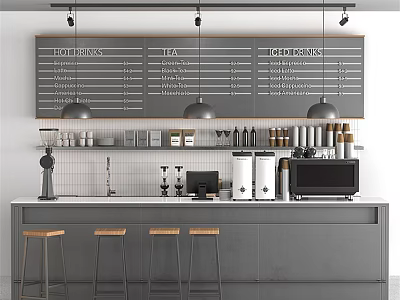 Modern Bar Counter Interior With Hanging Menu Board Coffee Machine And Wooden Stools 3d model