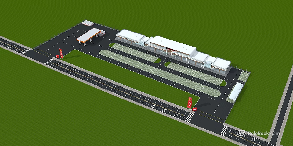 Gas Station Complex With Buildings Parking Areas Road Layout And Green Surroundings 3d model 