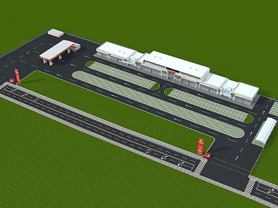 Gas Station Complex With Buildings Parking Areas Road Layout And Green Surroundings 3d model