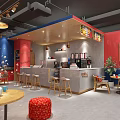 Cozy Bubble Tea Shop Interior With Red Blue Walls Wooden Tables And Bar Counter
