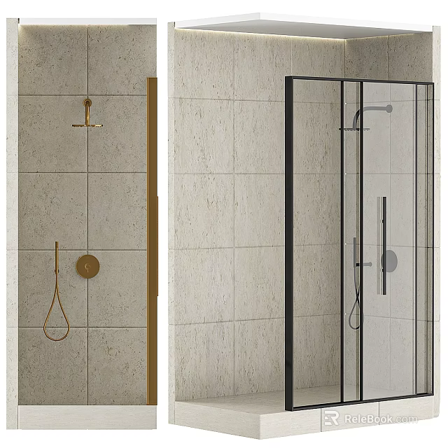 Minimalist Modern Shower Sauna Interior With Beige Tile Walls Glass Enclosure And Black Fixtures 3d model 