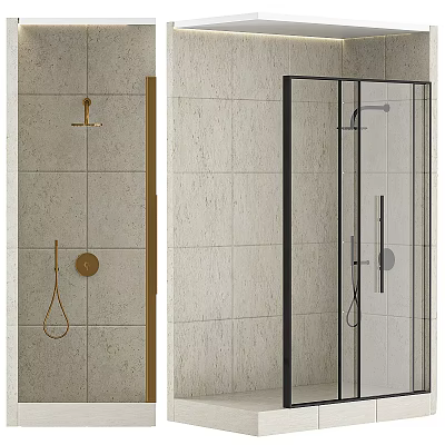 Minimalist Modern Shower Sauna Interior With Beige Tile Walls Glass Enclosure And Black Fixtures 3d model