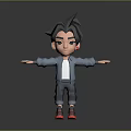 Child With Black Hair In Blue Jacket White T-shirt Gray Pants Red Shoes Arms Outstretched