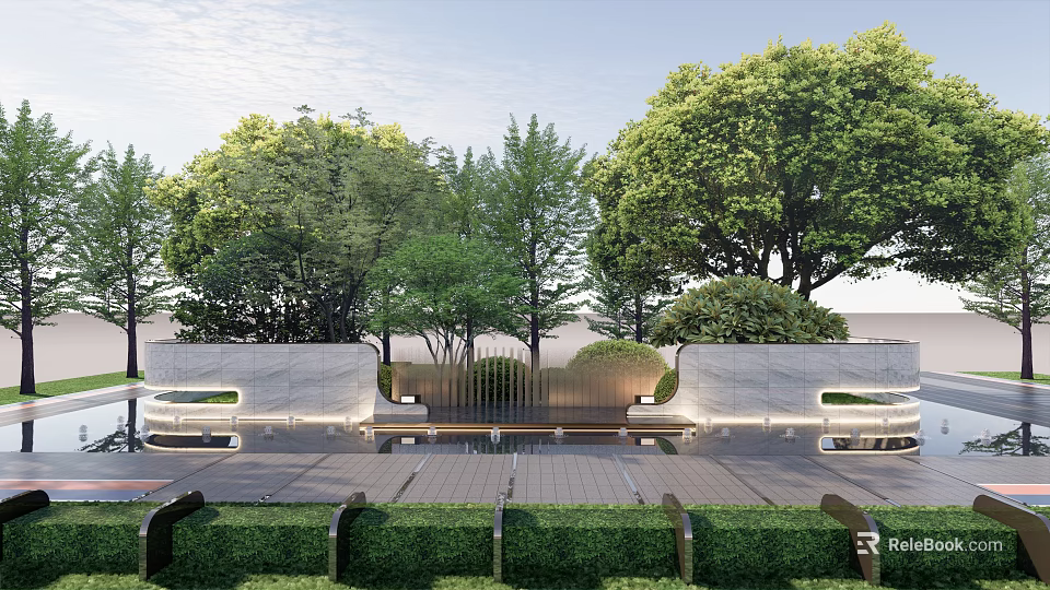 Modern Garden Feature Wall With Lush Trees And Water Reflection In Landscape Design 3d model 