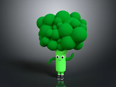 Cute Cartoon Broccoli Character With Eyes Arms Legs On Dark Background 3d model