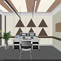 Modern Public Office Space With Workstations Computers Potted Plant And Triangular Wall Decorations 3d model