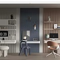 Modern Home Office Desk With Pegboard Wall Shelves Decorative Items Computer And Chairs