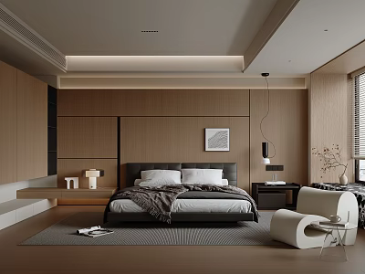 Modern Bedroom Interior With Wooden Walls Platform Bed And Accent Chair 3d model