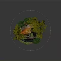 Cartoon Scene With Lush Green Trees Small Cabin Wooden Bridge And Warm Sunlight