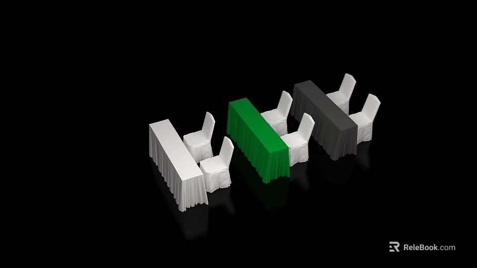 Modern Dining Table Set With White Green Gray Tablecloths And Chairs 3d model 