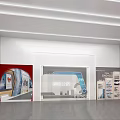 Modern Exhibition Hall With Circular Platform Digital Screens And City Backdrop Graphics