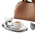 Brown Leather Handbag With Coffee Cup Water Glass Tray And Sunglasses