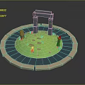 Cartoon Scene Featuring Round Island Green Grass Blue Water Gray Archway Stone Path Red Decorations