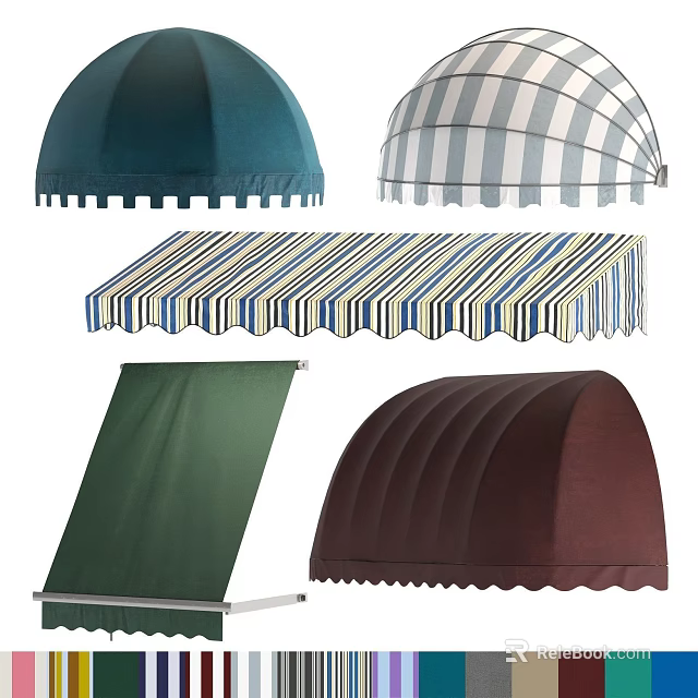 Various Colored Awnings with Striped Patterns Dome Shapes and Retractable Styles for Outdoor Spaces 3d model 