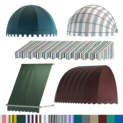 Various Colored Awnings with Striped Patterns Dome Shapes and Retractable Styles for Outdoor Spaces 3d model