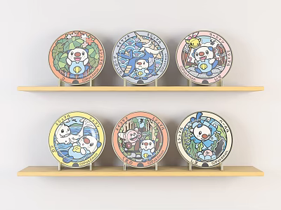 Colorful Cartoon Character Plates Displayed On Wooden Shelves With Various Designs 3d model