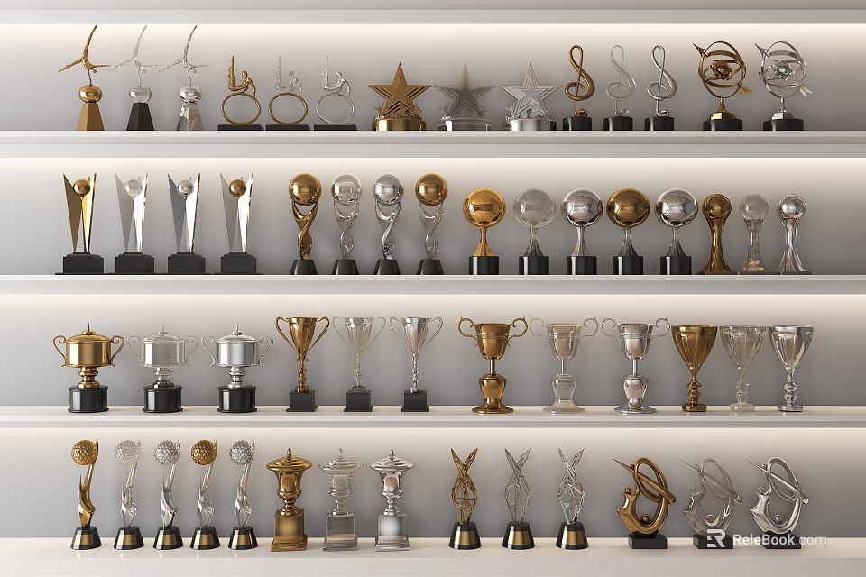 Trophies And Medals On Display Shelves With Gold Silver And Various Designs 3d model 