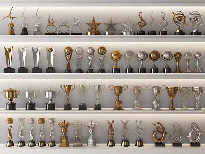 Trophies And Medals On Display Shelves With Gold Silver And Various Designs 3d model