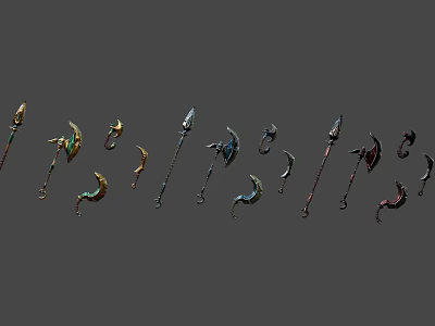 Various Long Handled Weapons With Different Designs And Colors On 3d model