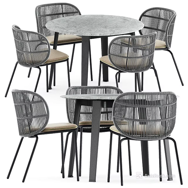 Modern Round Dining Table Set With Woven Gray Chairs Stone Top And Metal Legs 3d model 