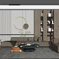 Modern Living Room Interior With Gray Sofa Orange Chair Round Wall Art And Wooden Bookshelf