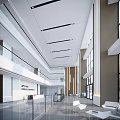 Modern Front Desk Reception Area With Spacious Lobby High Ceiling Glass Railings And Natural Light