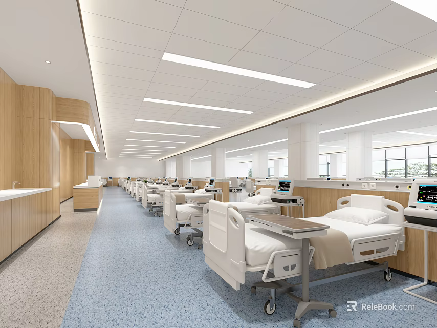 Modern Hospital Outpatient Clinic Interior Featuring Medical Beds Equipment Wooden Elements Blue Flooring And Lighting 3d model 