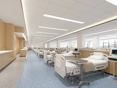 Modern Hospital Outpatient Clinic Interior Featuring Medical Beds Equipment Wooden Elements Blue Flooring And Lighting 3d model