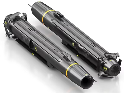 Dual Black Long Cylindrical Weapons With Yellow Stripes And Mechanical Parts 3d model