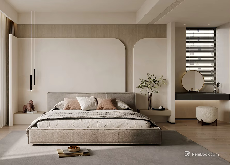 Modern Bedroom Interior With Curved Headboard Wall Throw Pillows Potted Plant And Round Mirror 3d model 