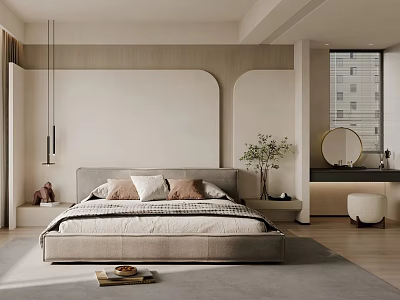 Modern Bedroom Interior With Curved Headboard Wall Throw Pillows Potted Plant And Round Mirror 3d model