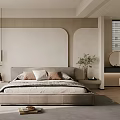 Modern Bedroom Interior With Curved Headboard Wall Throw Pillows Potted Plant And Round Mirror