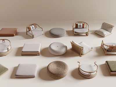 Various Shaped Home Cushions And Rattan Chairs With Neutral Colored Pads 3d model