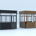 Two Modern Public Security Booths With Glass Windows And Brown Black Exteriors