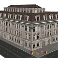 Historic Building with Classical Windows and Stone Facade along Urban Street with Street Lamps