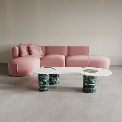 Stylish Pink Curved Sofa With Pink Cushions And White Coffee Table On Green Marble Pillars 3d model