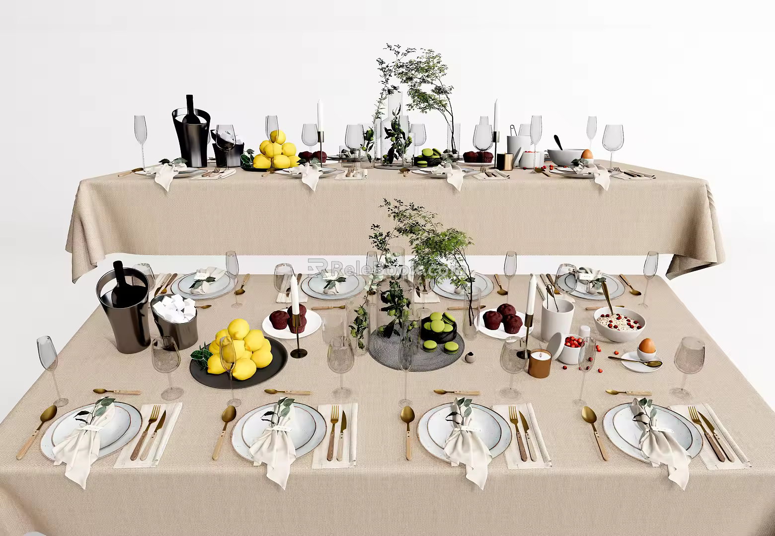Modern Tableware Combination Dishes Ornaments Knife and Fork Wine Glass 3d model