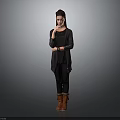 Cute Child In Black Clothing Standing Against Grey Background With Hand On Chin