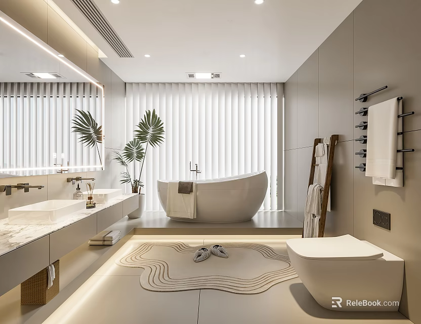Modern Bathroom Interior Design With Double Vanity Bathtub Marble Countertop And Blinds 3d model 