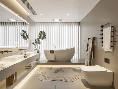 Modern Bathroom Interior Design With Double Vanity Bathtub Marble Countertop And Blinds 3d model