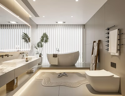 Modern Bathroom Interior Design With Double Vanity Bathtub Marble Countertop And Blinds 3d model