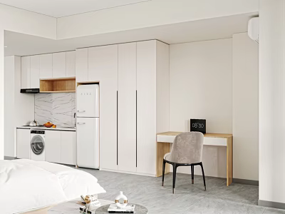 Modern Hotel Guest Room Interior With White Cabinets Washing Machine Refrigerator Desk And Chair 3d model