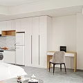 Modern Hotel Guest Room Interior With White Cabinets Washing Machine Refrigerator Desk And Chair