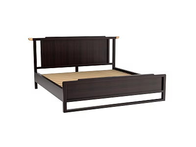 Dark Wooden Double Bed With Modern Bedhead And Slatted Base Frame 3d model