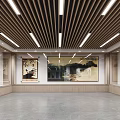 Modern Exhibition Hall Interior With Wooden Ceiling Linear Lighting And Artworks